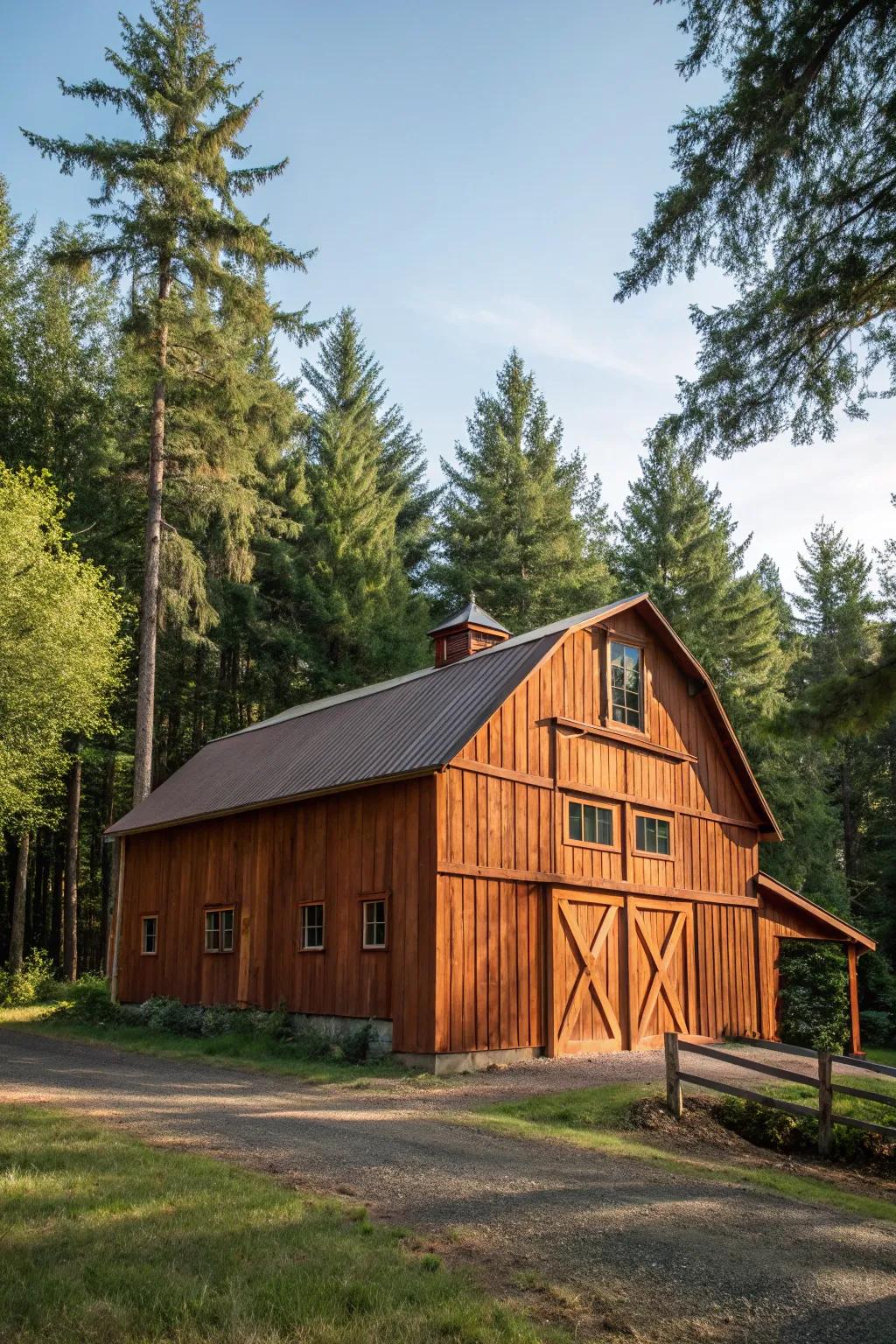 A barn with cedar stain that radiates warmth and natural charm.