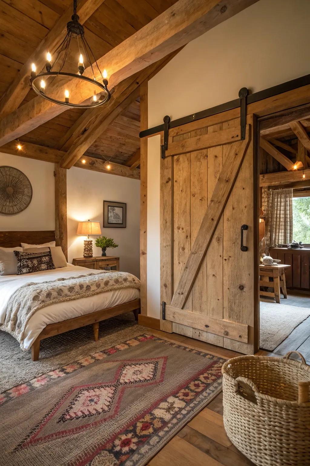 Uncovered joists enhance the rustic charm of this bedroom's barn door.