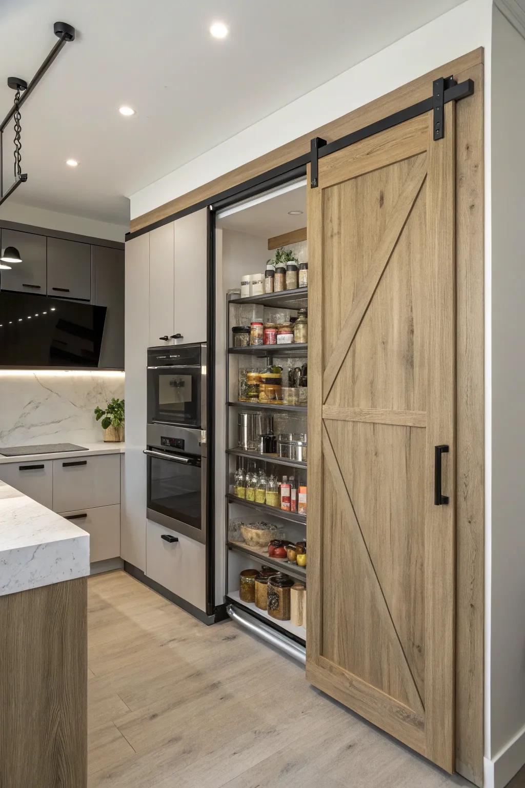 A modern kitchen showcasing a cutting-edge sliding system for the barn door pantry.