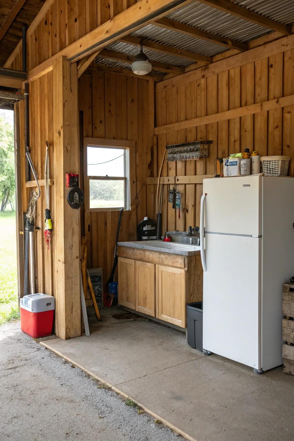 A fridge and sink area adds ease to this barn garage.
