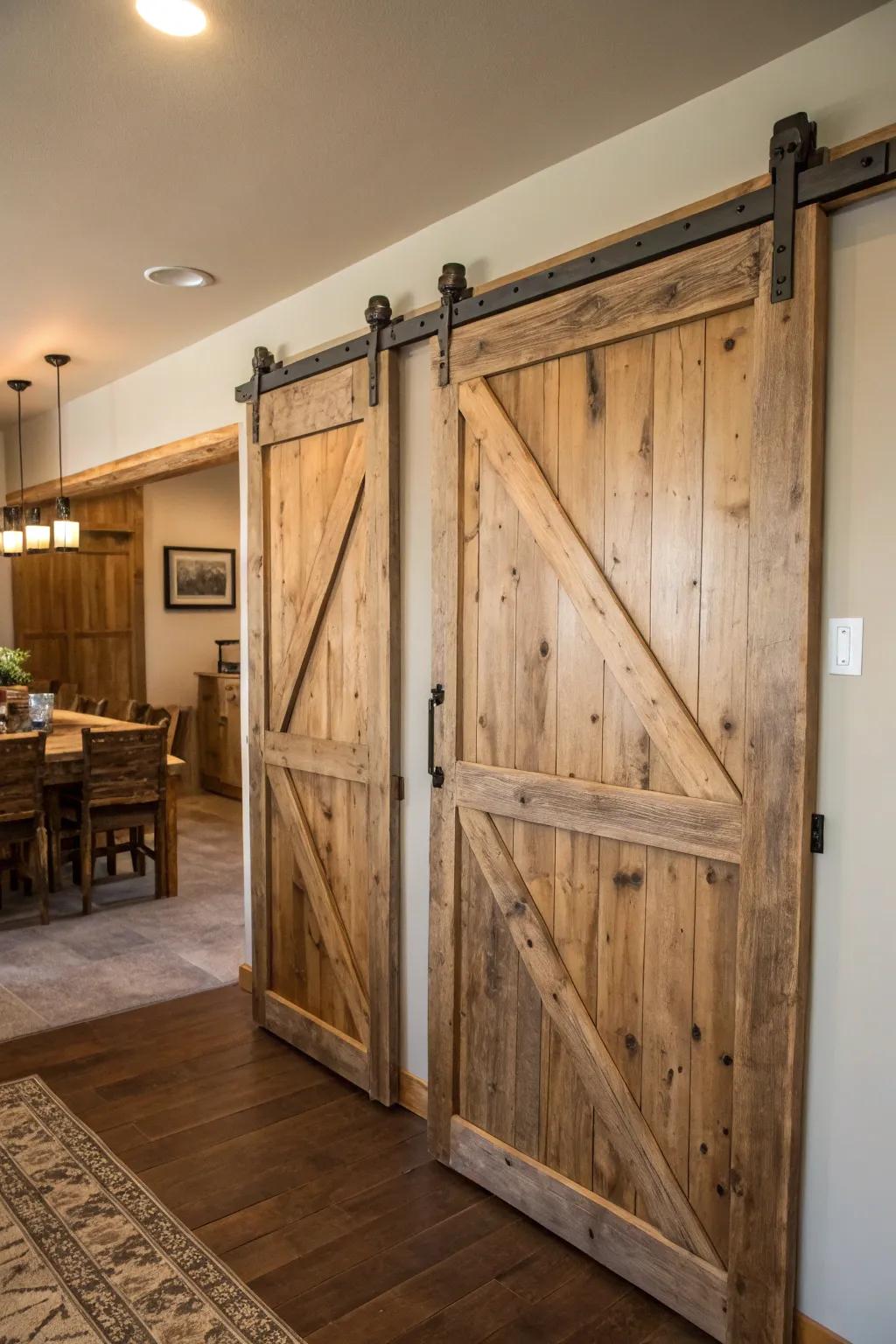 Sliding barn-style entrances adding countryside charm to the interior.