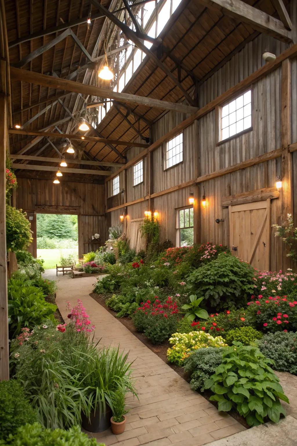 An interior botanical garden brings nature indoors, creating a serene environment.