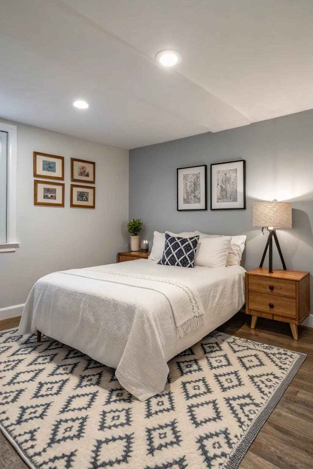 Simple decor with statement pieces fashions a serene space in this basement bedroom.