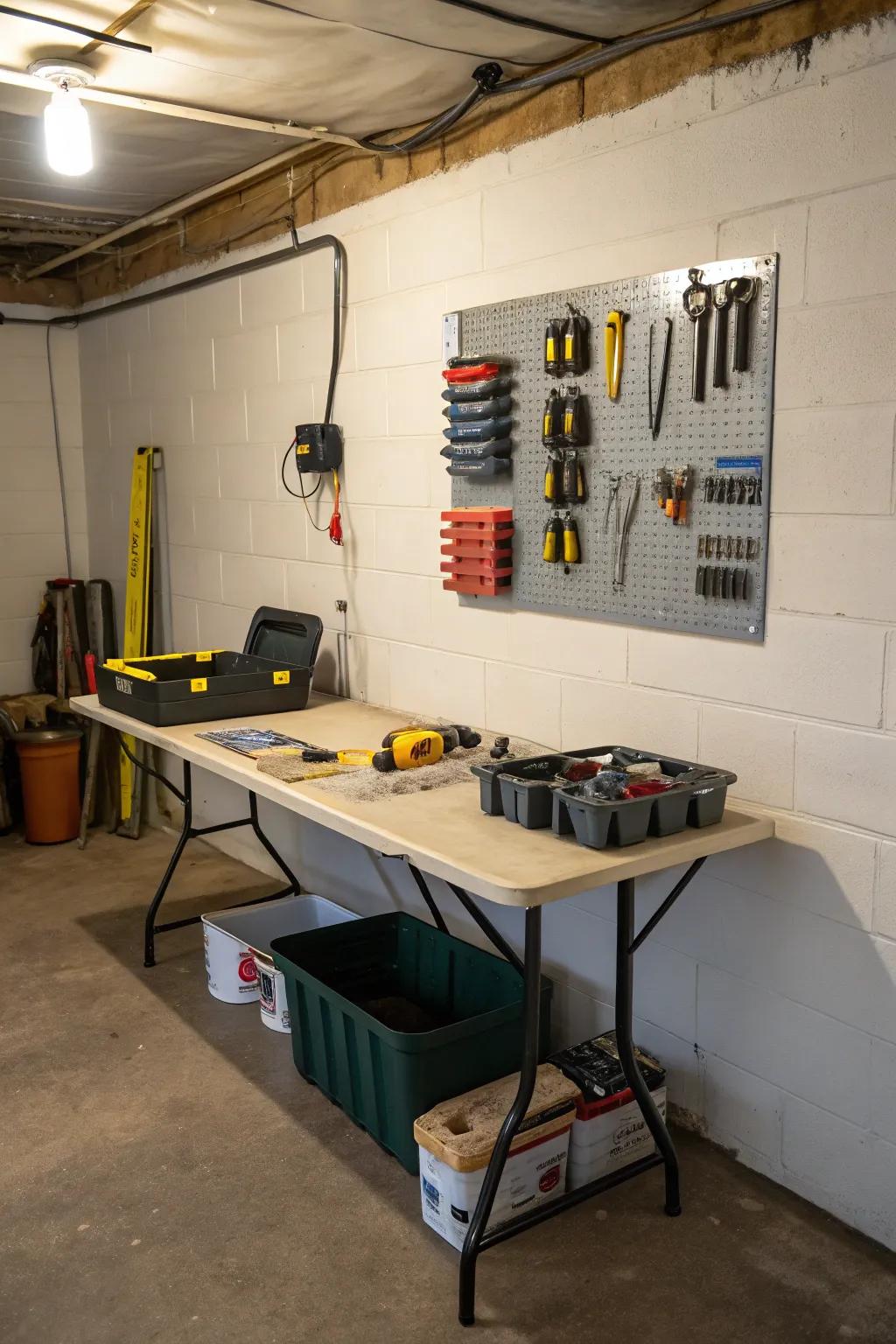 A collapsible table delivers a practical workspace in the basement.