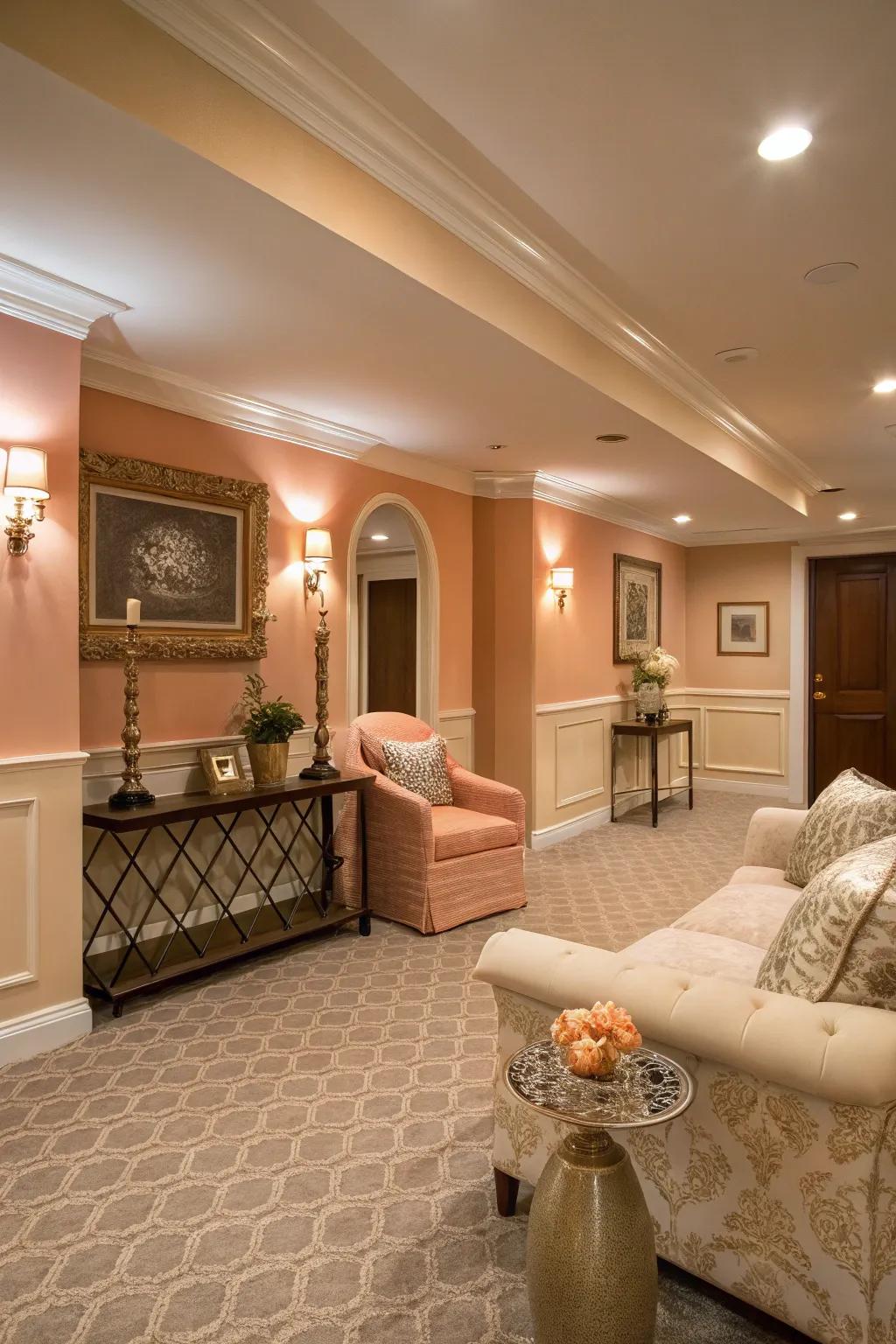 Gentle apricot walls give subtle elegance to this chic basement.