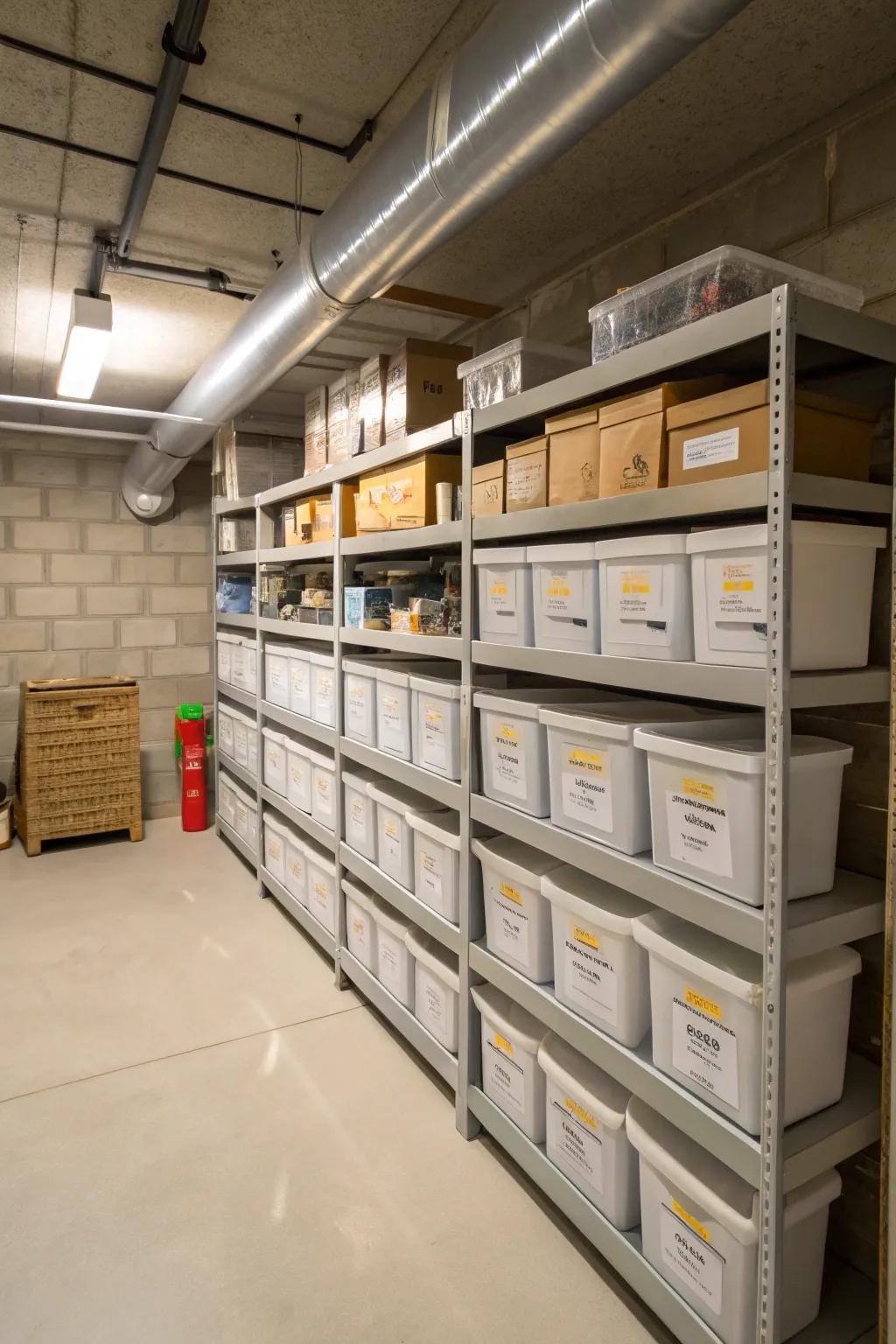Shelving that doesn't take up too much room is a great way to increase storage in basements that are tight on space.