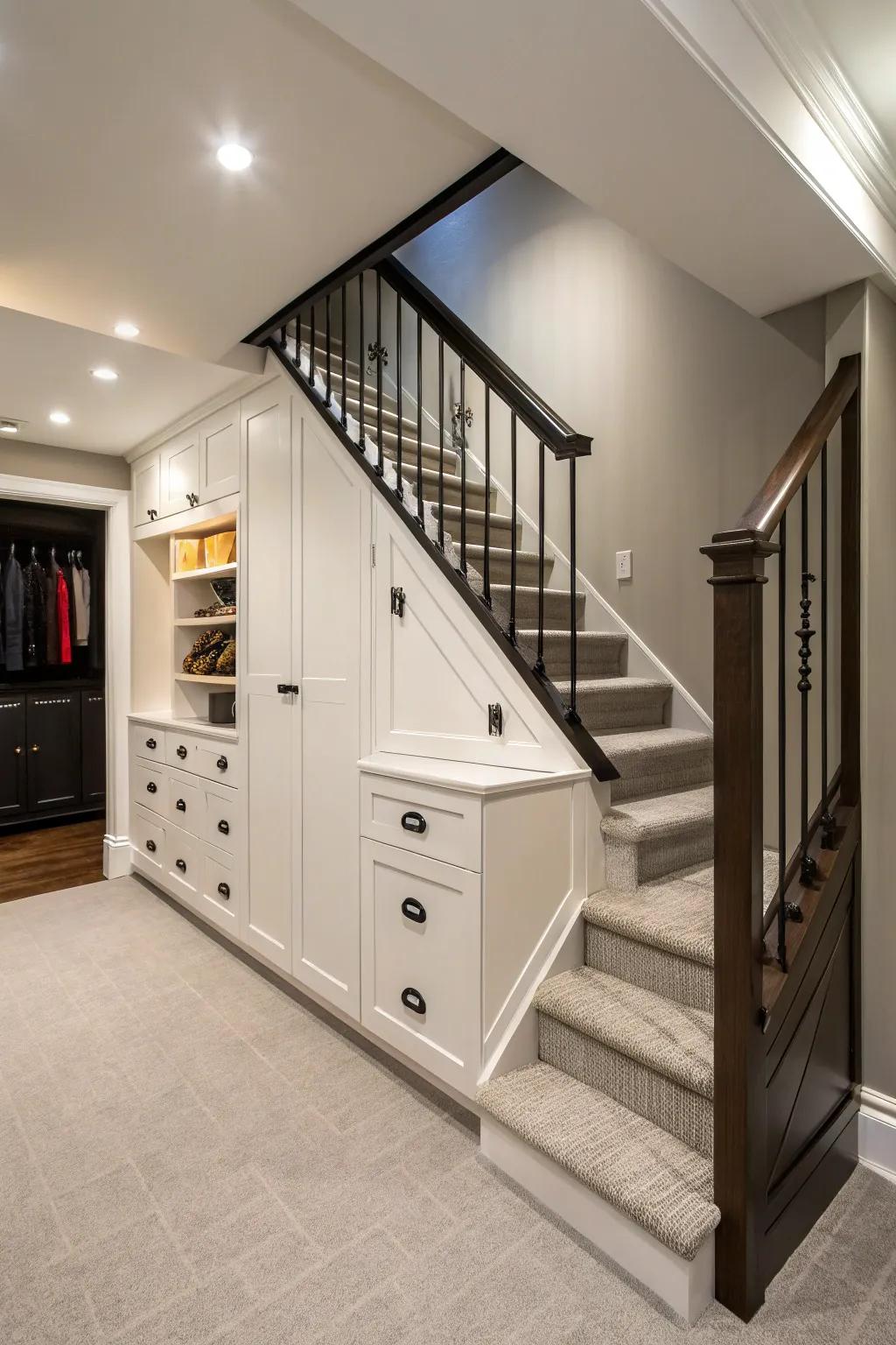 Bespoke cabinetry dispenses streamlined and structured under-stair storage.