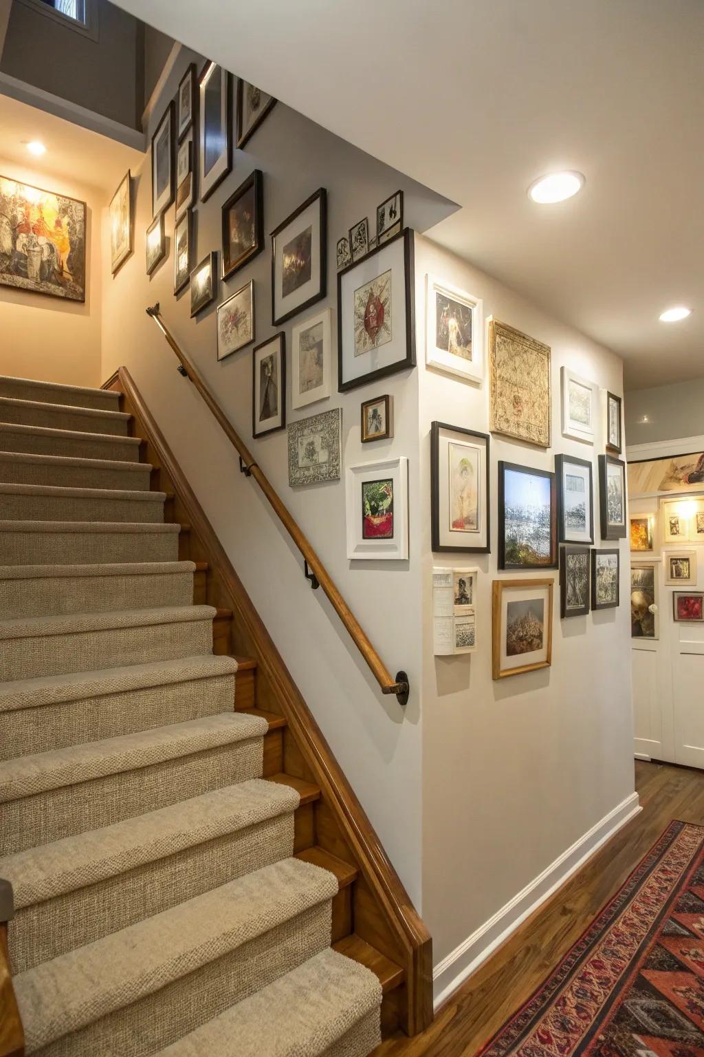 Create a personal gallery wall along your basement stairs.
