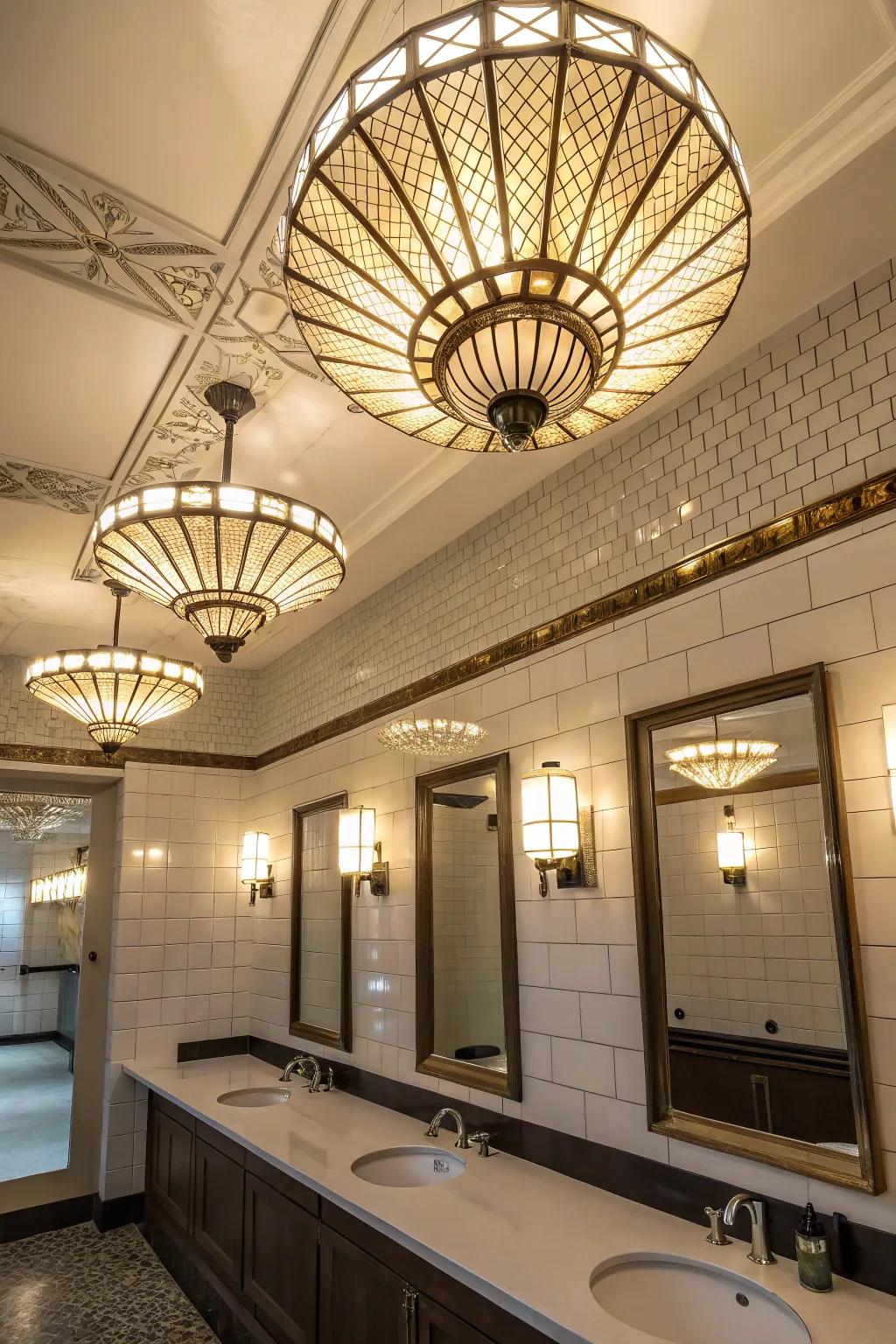 Artwork Deco lamps contribute vintage elegance to any bathroom.