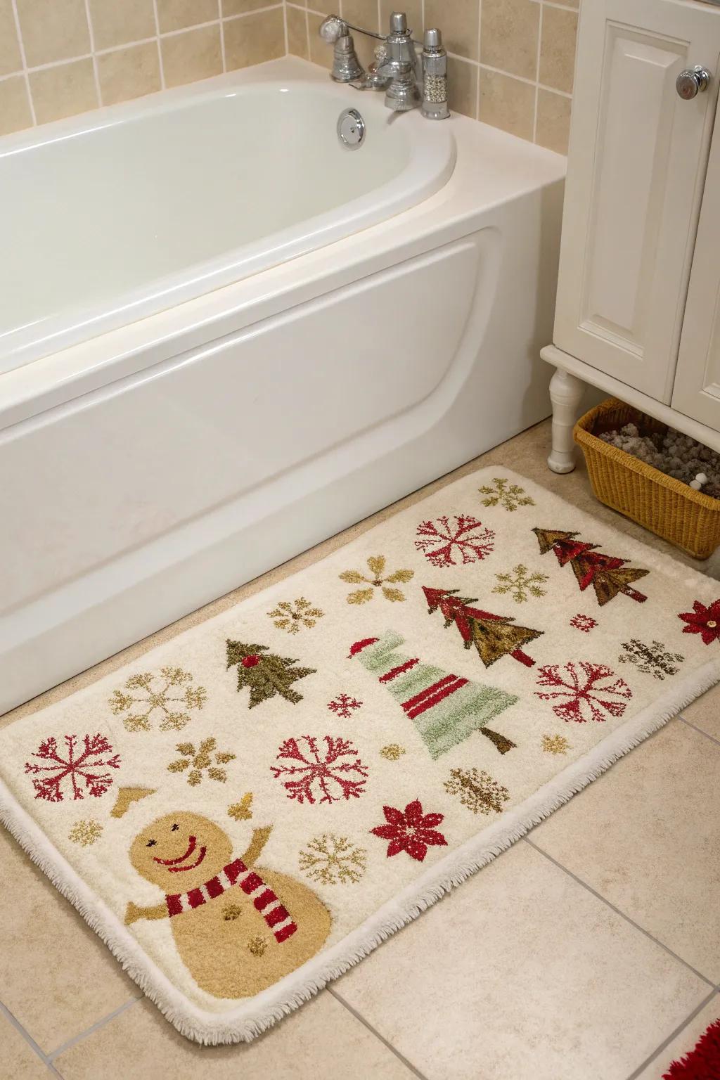 A holiday-inspired bath surface covering contributes warmth and style to this bathroom.