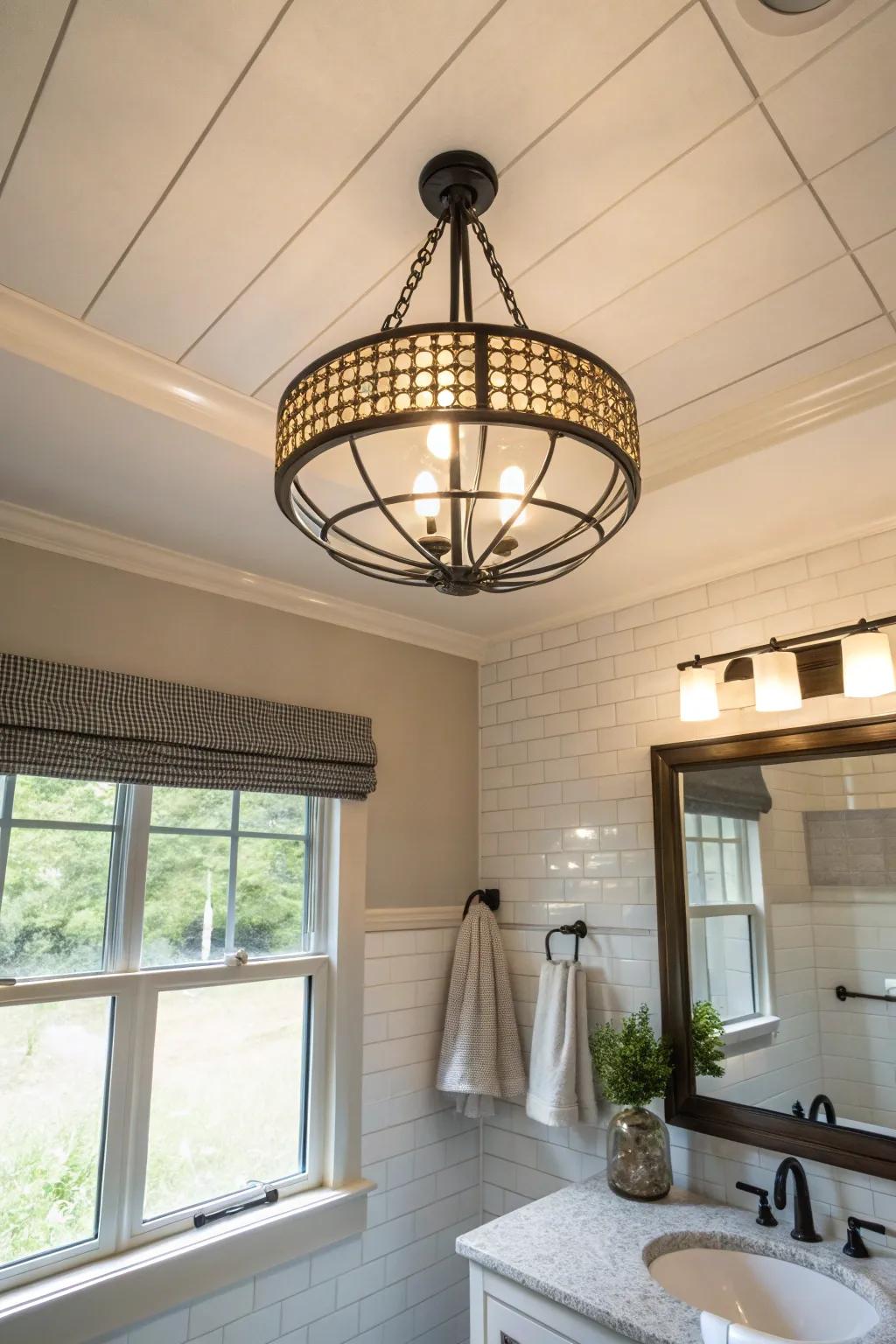 Ceiling illumination serves as utilitarian declaration pieces.