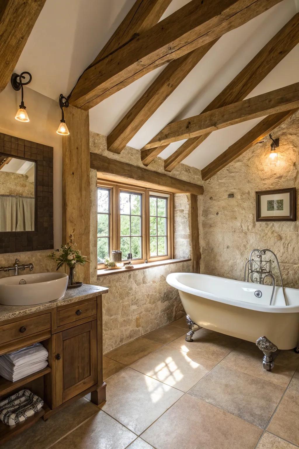 A bathroom spotlighting building features for distinct charm.