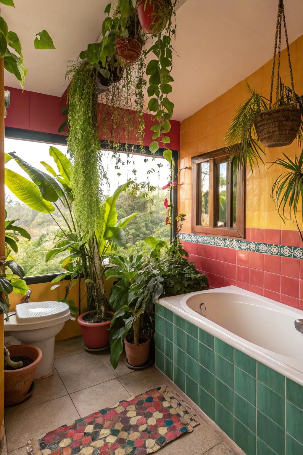 Escape to a lush paradise with vibrant, verdant bathroom decor.