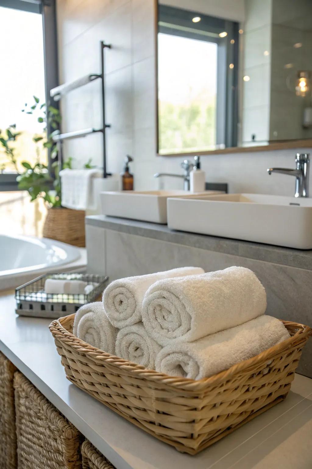 Create a snug feel with coiled towels in fashionable containers.