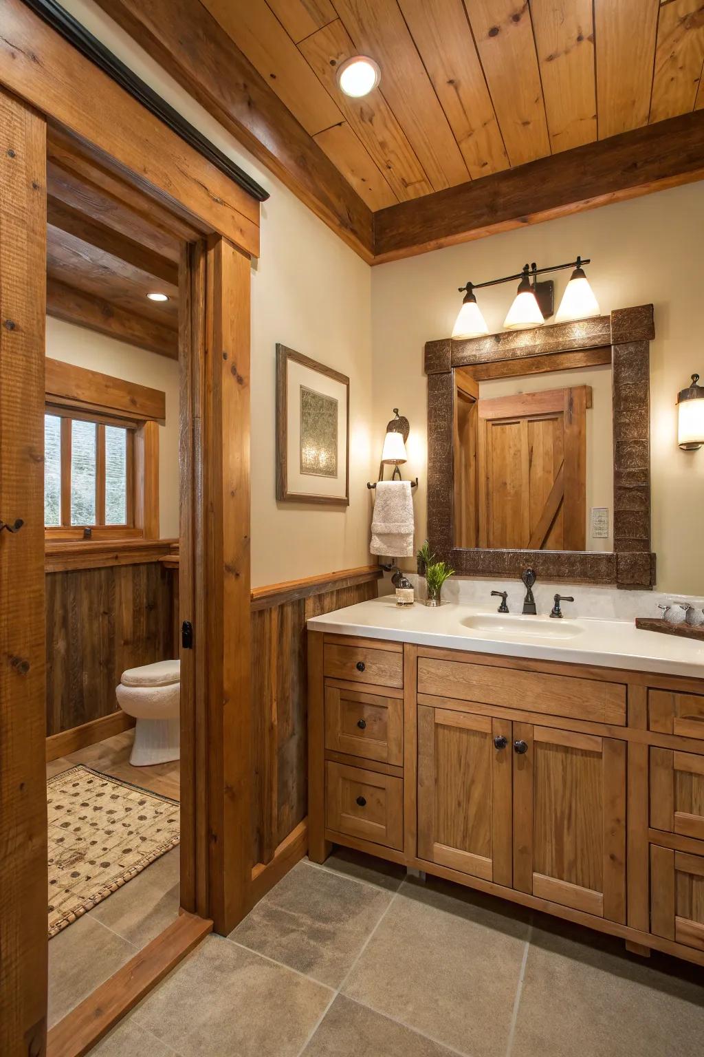 Wooden edging introduces warmth and homespun charm to the bathroom.