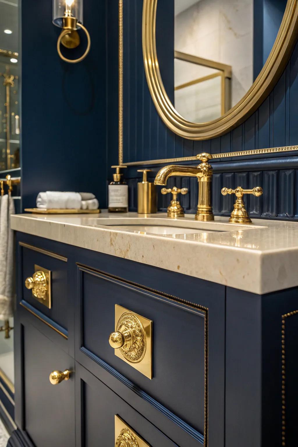 Uniform golden finish hardware radiates luxury and warmth.
