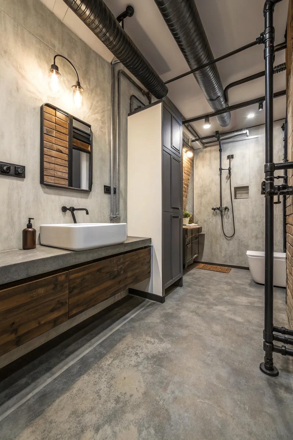 Concrete-look <strong><em>plastic-based floors</em></strong> includes an commercial edge to this modern-day restroom.” loading=”lazy” class=”pimg”>
	</picture><figcaption>Concrete-look <strong><em>plastic-based floors</em></strong> includes an commercial edge to this modern-day restroom.</figcaption></figure>
<p>Like the commercial pattern? <strong><em>Concrete-look plastic-based floors</em></strong> can provide your restroom a modern-day and edgy ambiance without being cold.</p>
<h3>Consider these options:</h3>
<ul class=