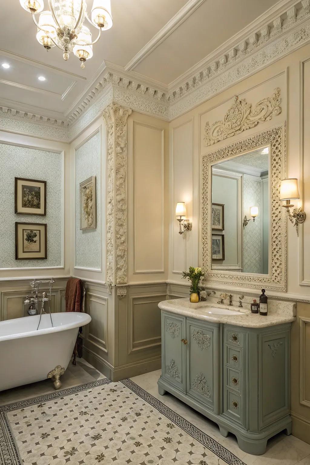 Wall trim adds architectural interest to bathroom walls.