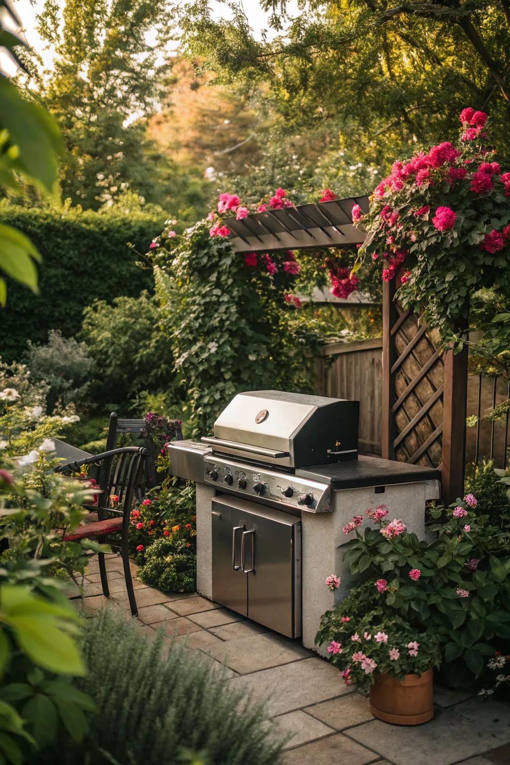 Garden-integrated grill fostering a natural culinary space.