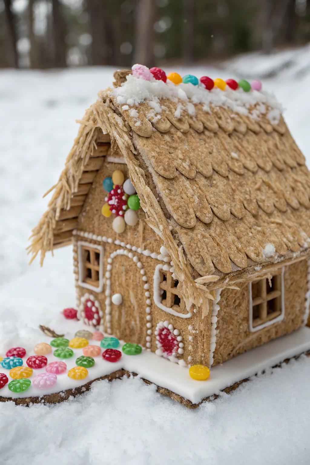 A thatch roofing bestows upon the gingerbread edifice a cozy littoral cabin semblance.
