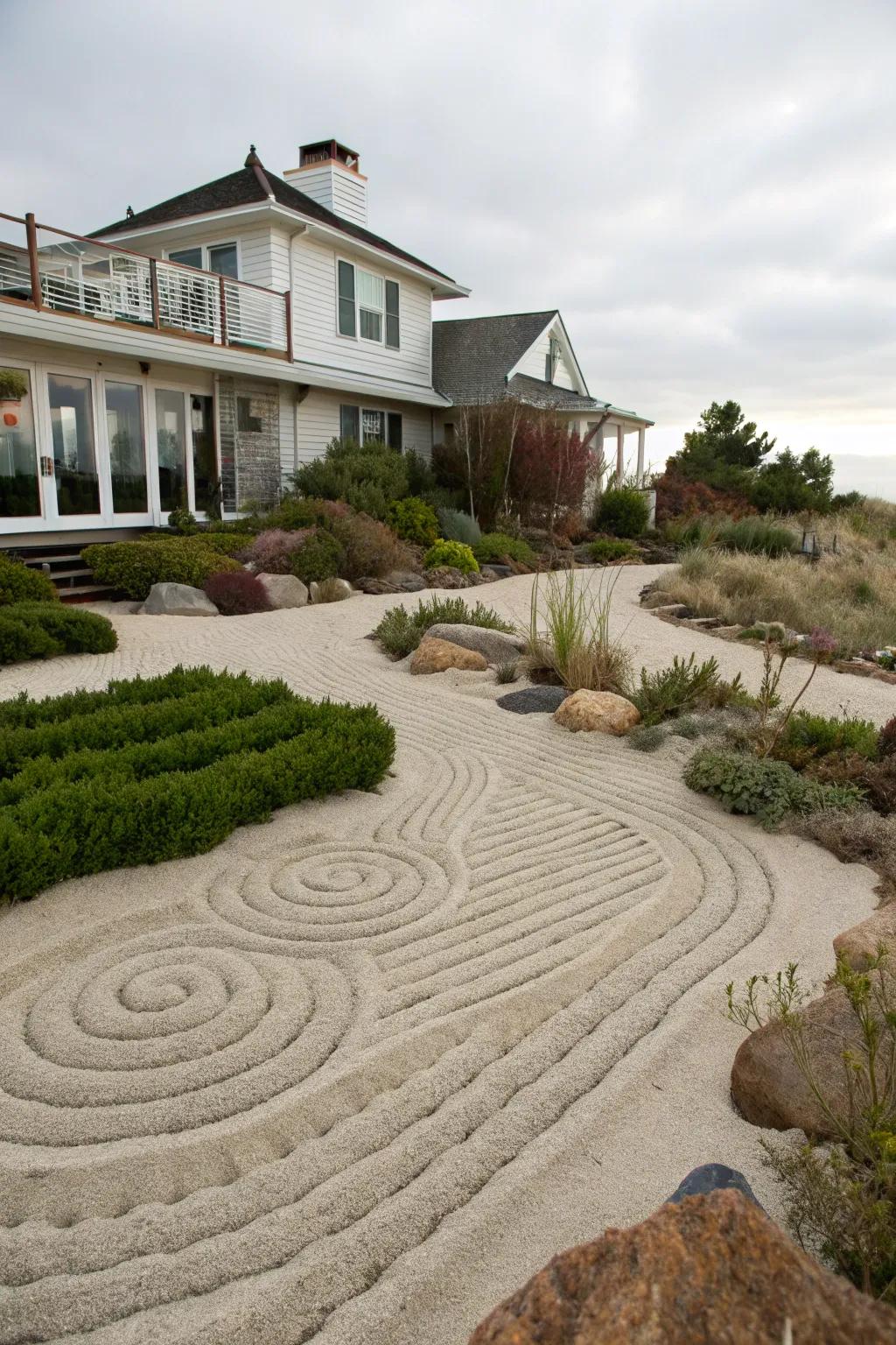 A peaceful sand garden reflecting the natural beach environment.
