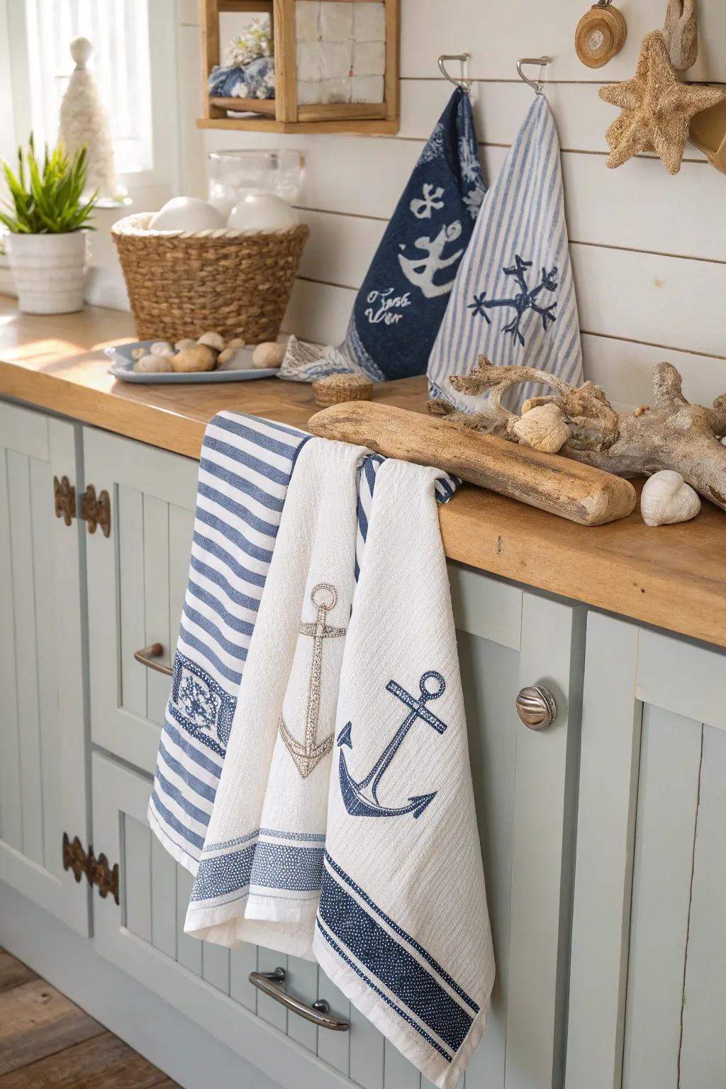 Carry a touch of the sea to your kitchen with maritime cloths.