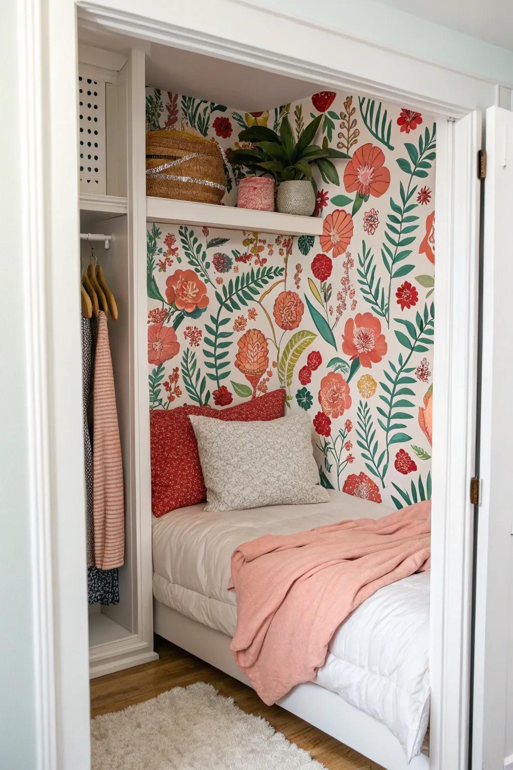 Wallpaper adds a vibrant touch to your closet sleeping area.