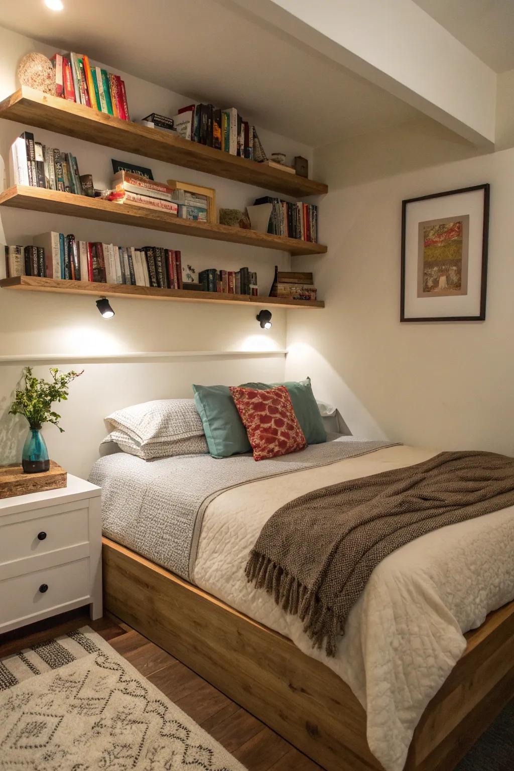 Hanging shelves optimize storage and design in a corner setup.