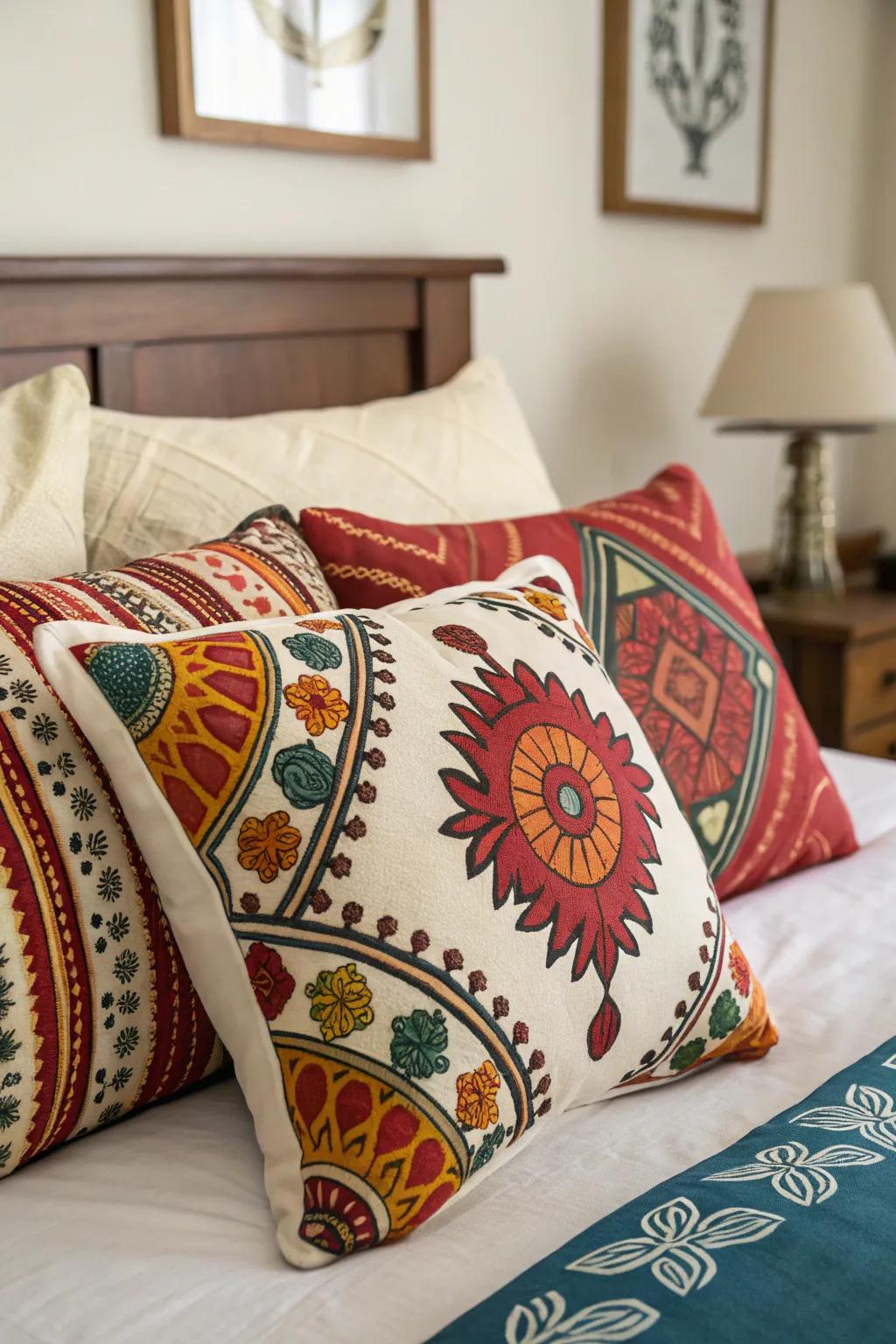 Amalgamate cultural patterns to realize a rich and layered pillow arrangement.