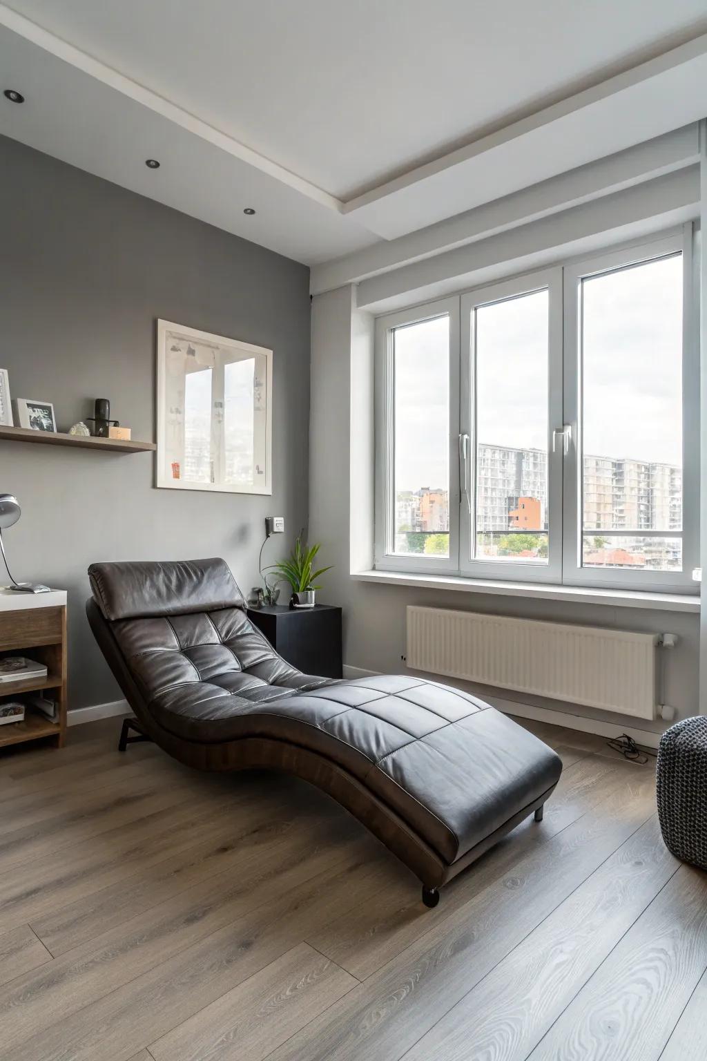 A sleek leather lounger in a bedroom, offering a stylish and comfortable seating option.