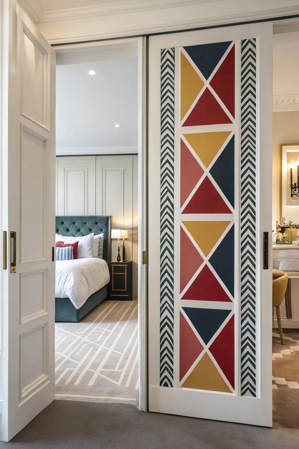 Geometric shapes add a contemporary and dynamic impression to your bedroom entrance.
