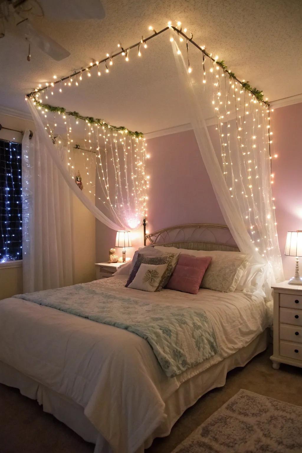 Fairy lights include a playful touch to bedroom decor.