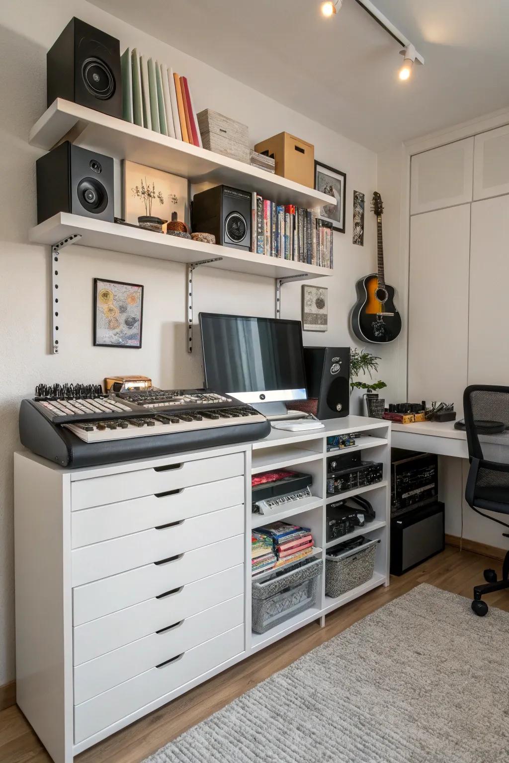 Under-desk storage is a great way to optimize space management in your music studio.