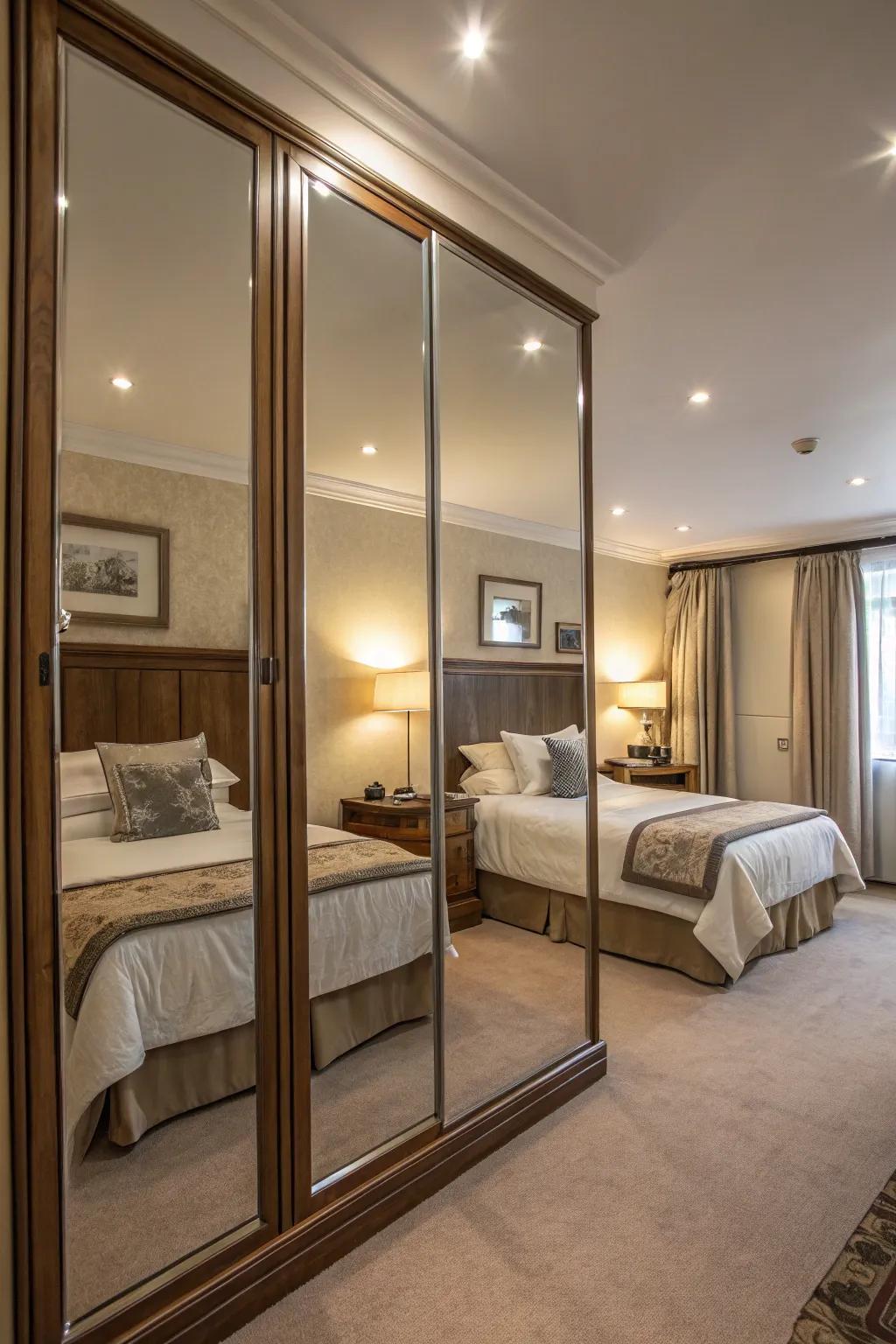 A bedroom that feels bigger thanks to mirrors.