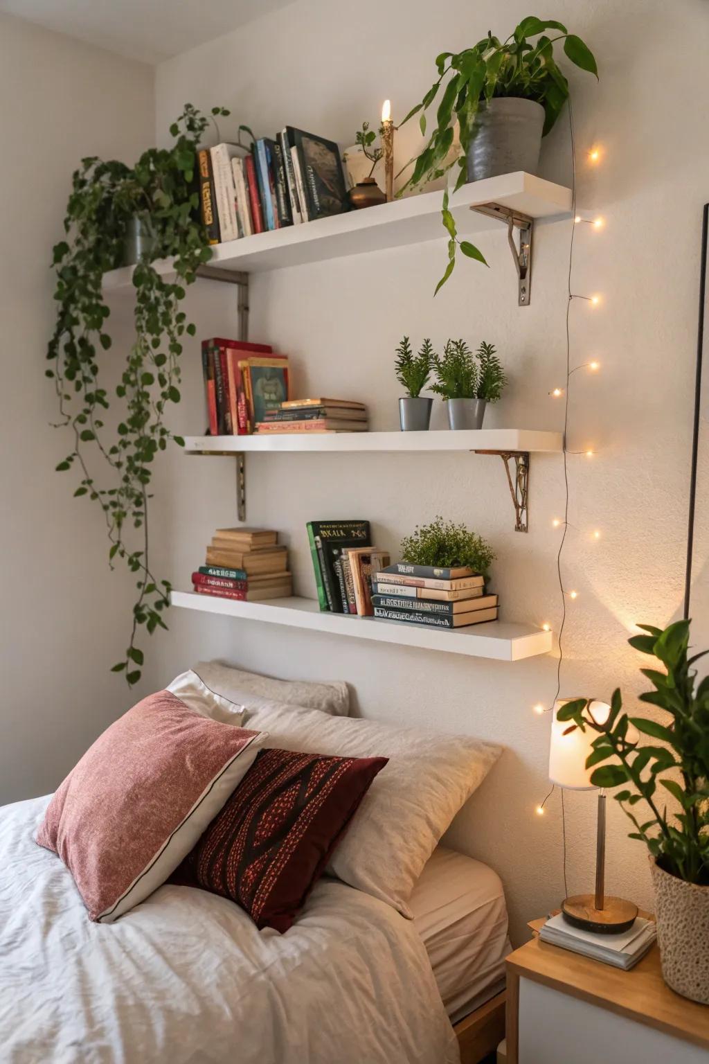 Hanging shelves offer functional and stylish display options for bedroom walls.