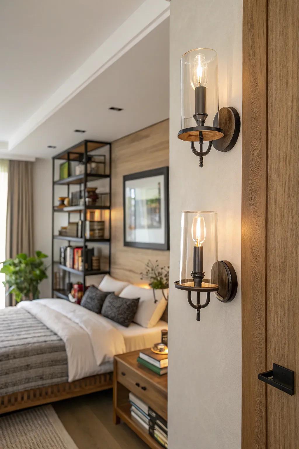 Mixed materials create a dynamic look in bedroom lighting.