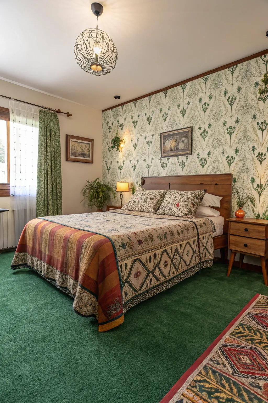 Designs in bedding and wallpaper add a playful touch to the bedroom's design.