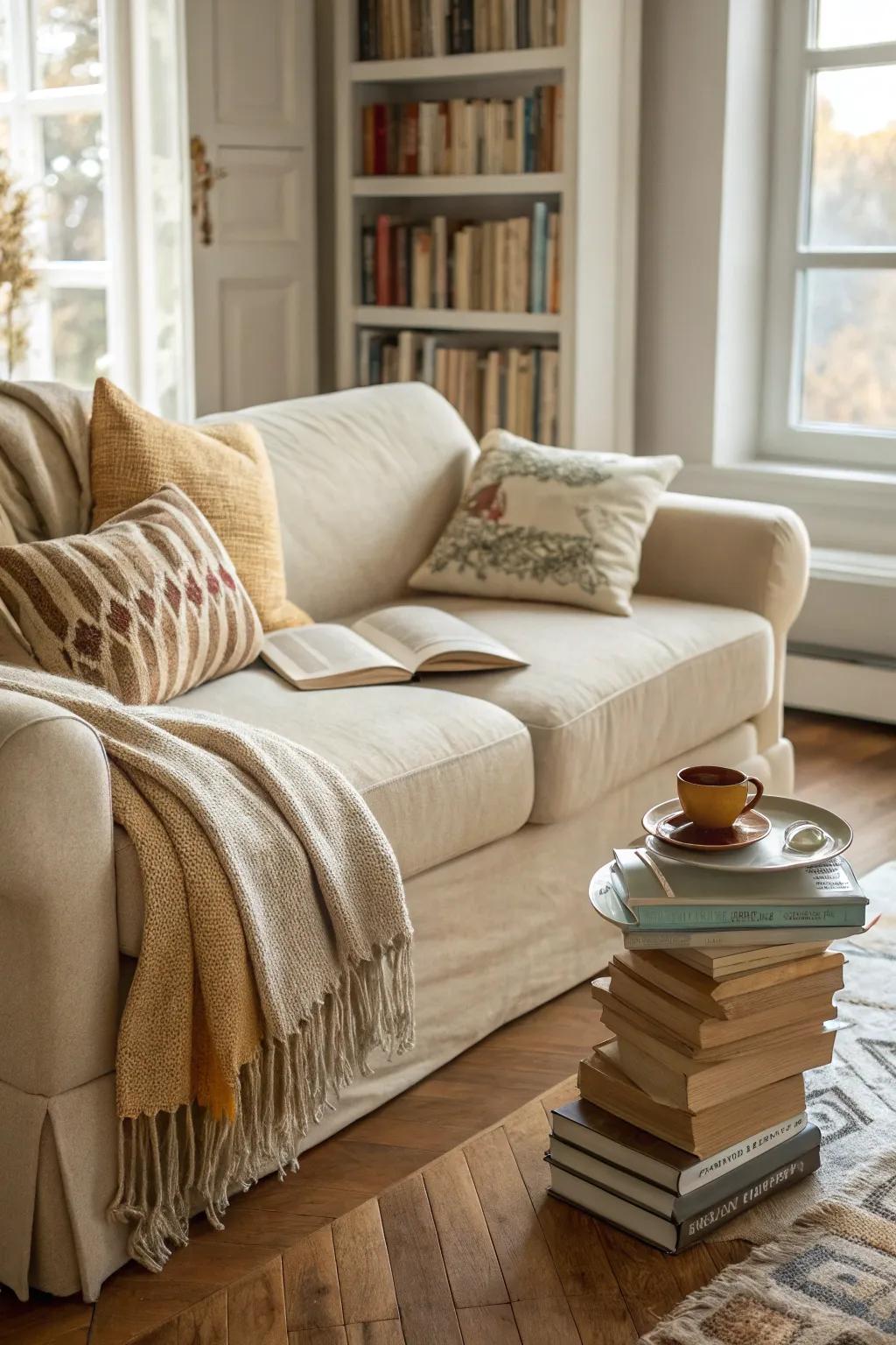 A charming reading nook with a sand-toned sofa and ambient lighting.