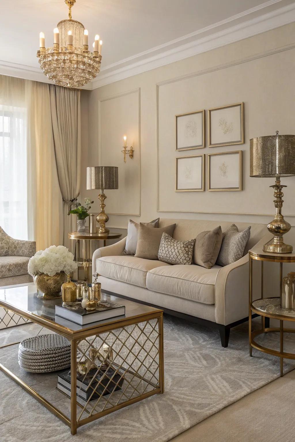 Blending metals introduces a trendy contrast to beige design.
