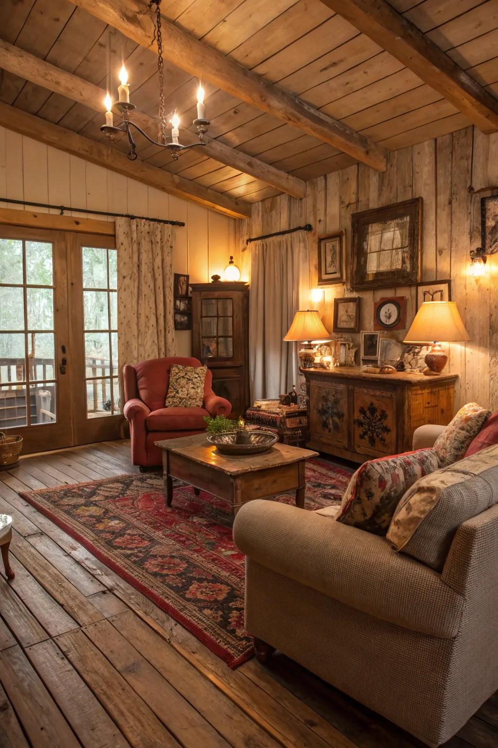 Reclaimed wood flooring adds rustic charm and character.