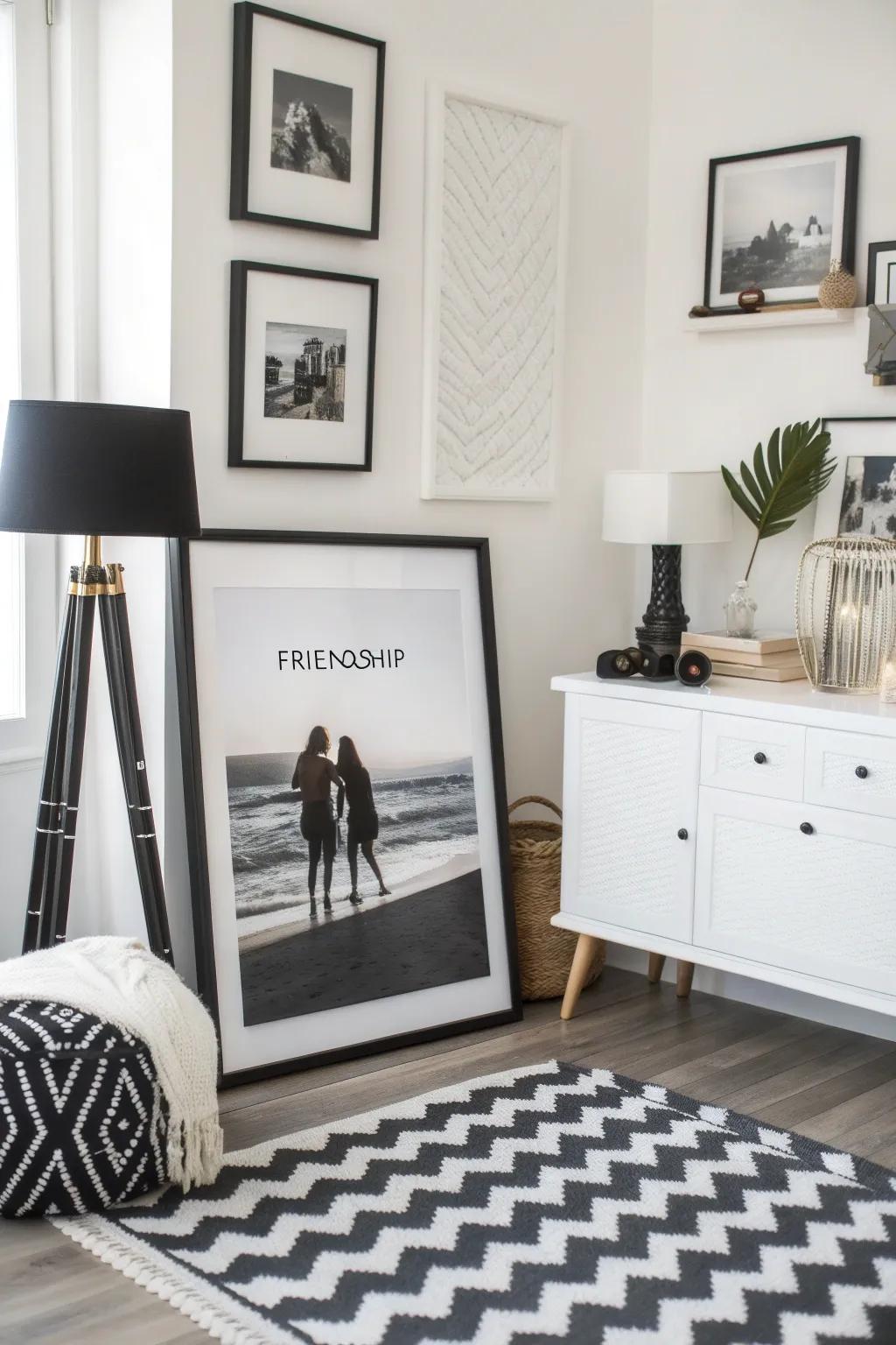 A monochrome collage introducing depth and sophistication to a stylish area.