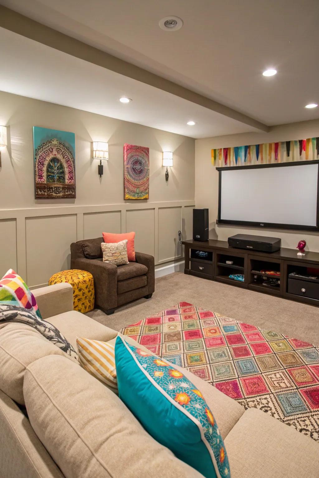 A harmonious blend of neutrals and color in this inviting theater space.