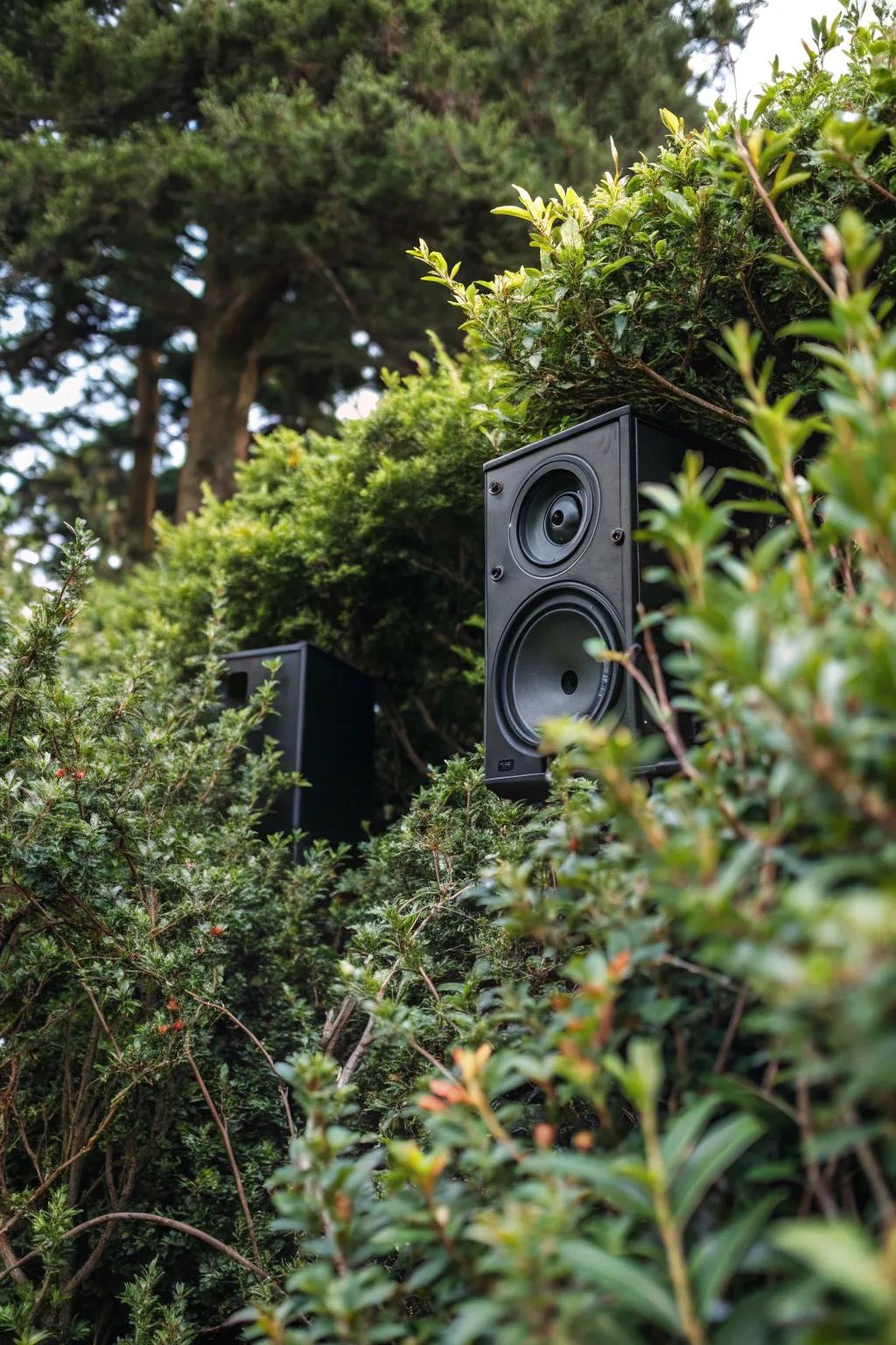 Delivering sound without disrupting the natural scene, these speakers nestle neatly into the greenery.