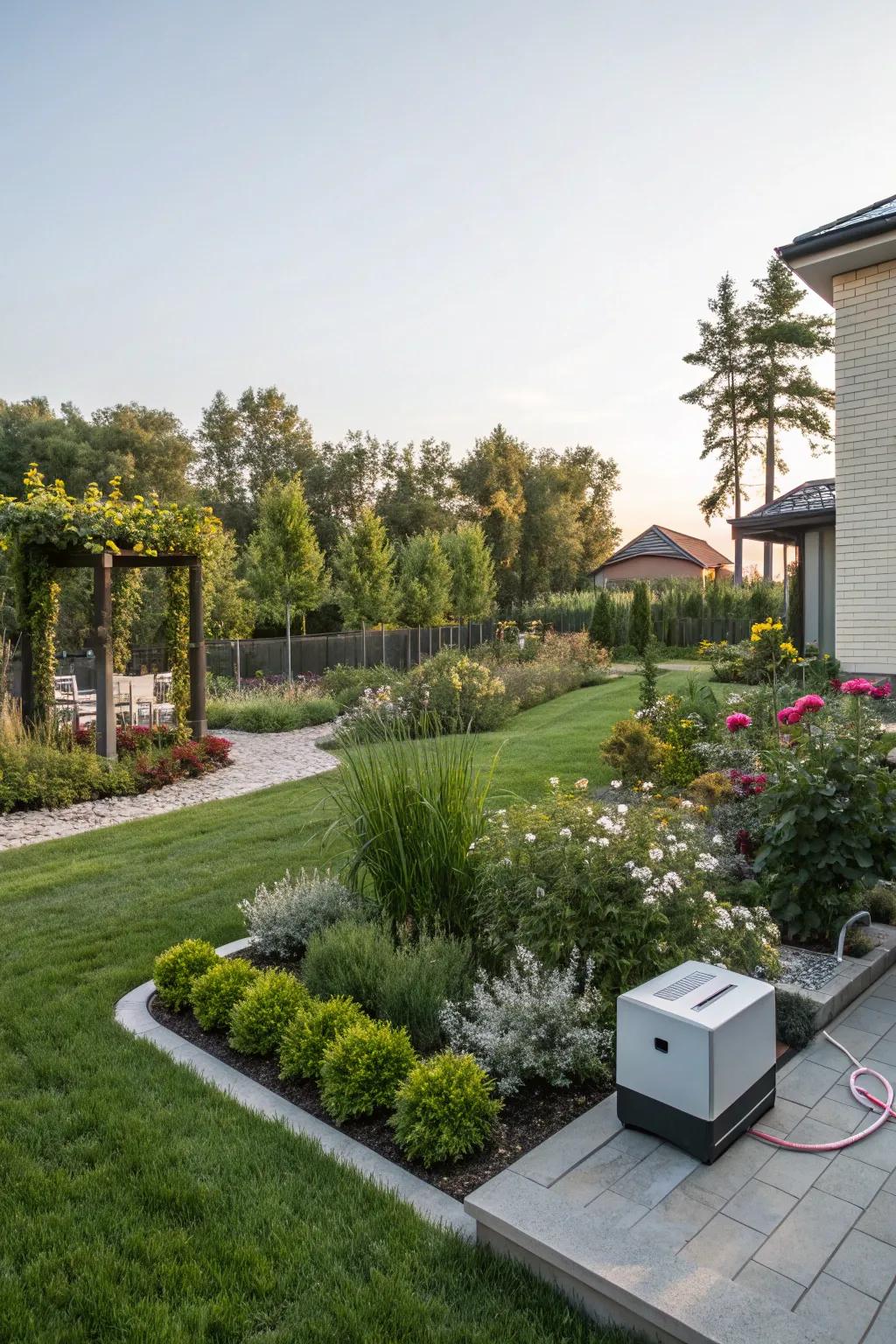 A smart garden system ensures a vibrant outdoor area, using technology to efficiently manage plant care.