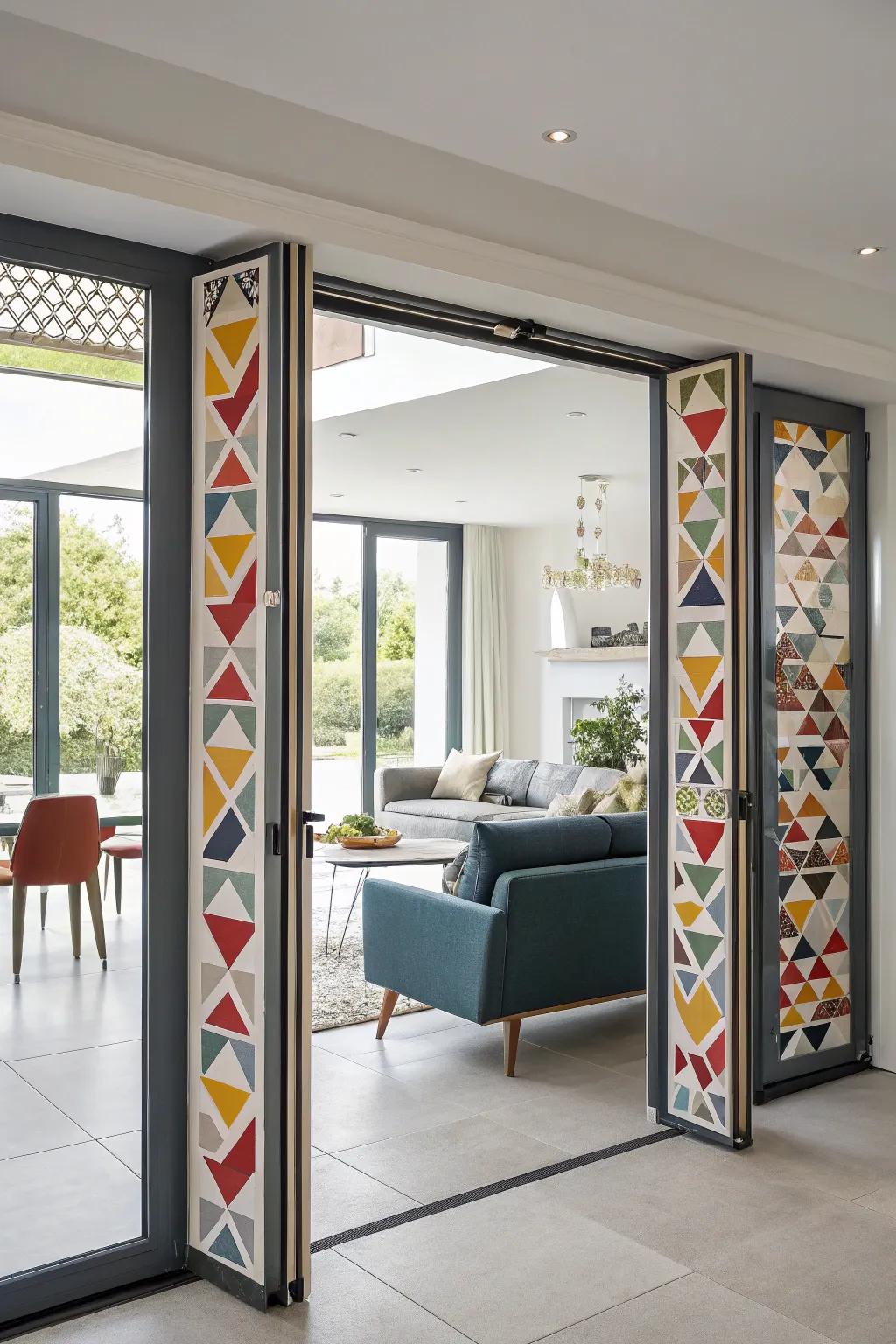 Patterned accents create a bold statement on bifold doors.