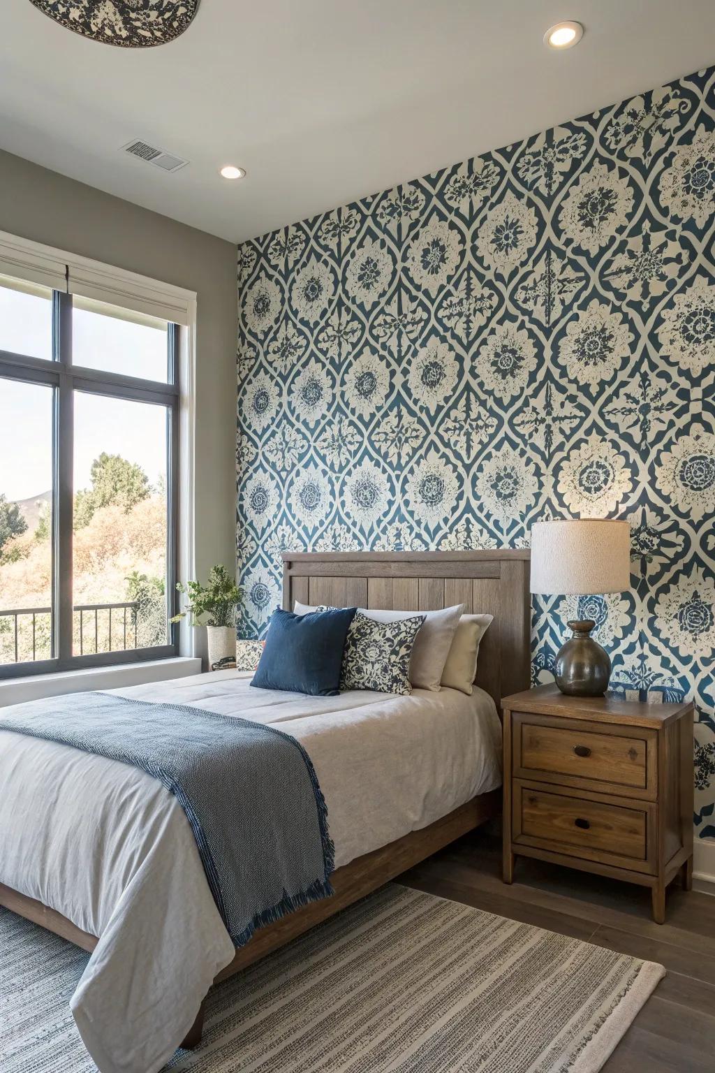 A large bedroom with a captivating accent wall that adds visual interest.