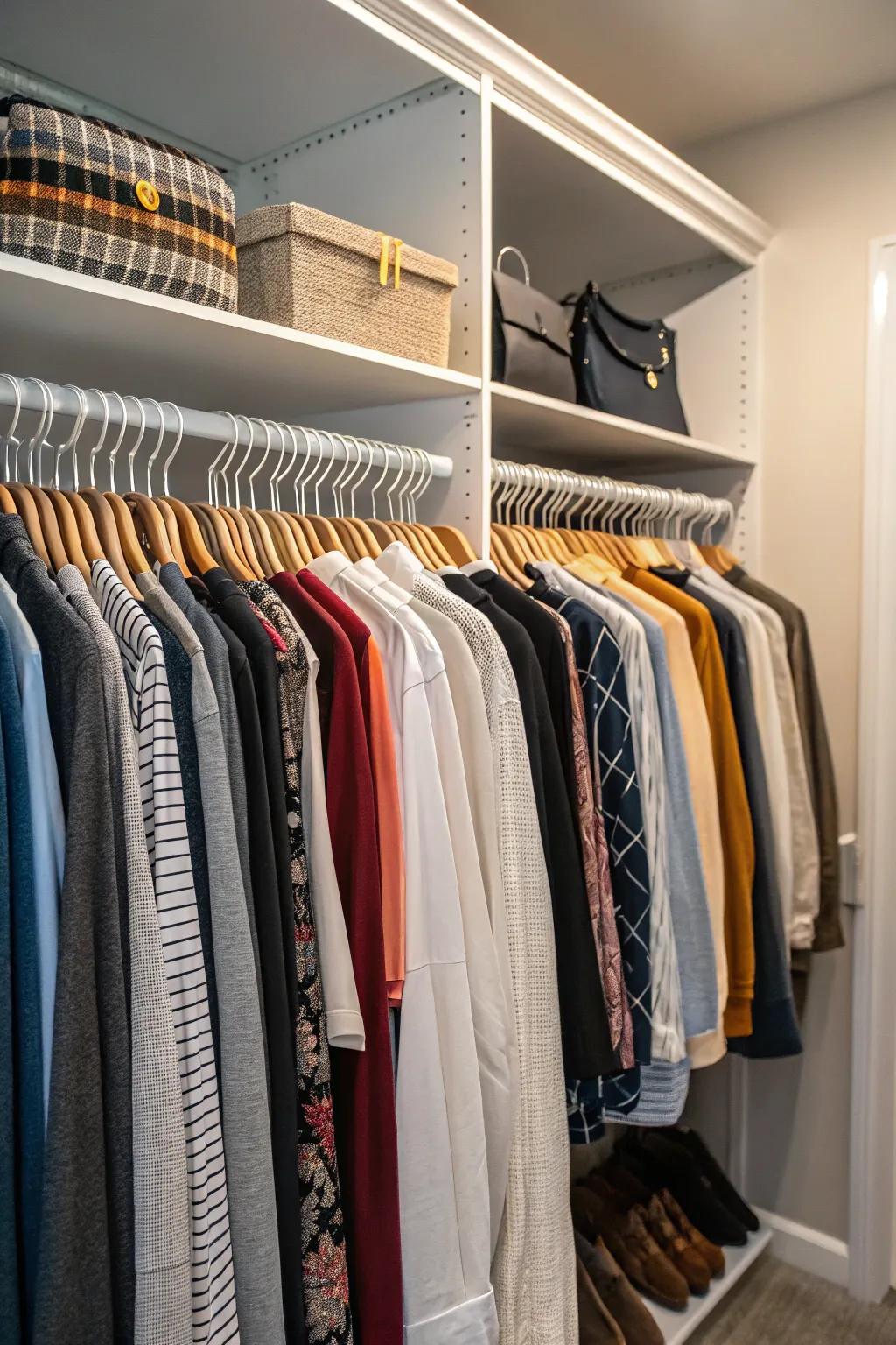 A closet featuring premium hangers that neatly organize clothes.