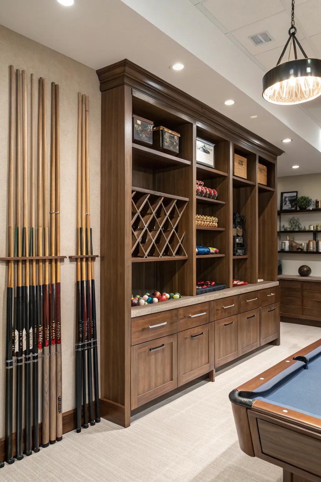 Resourceful storage ensures your billiard hall is neat and functional.