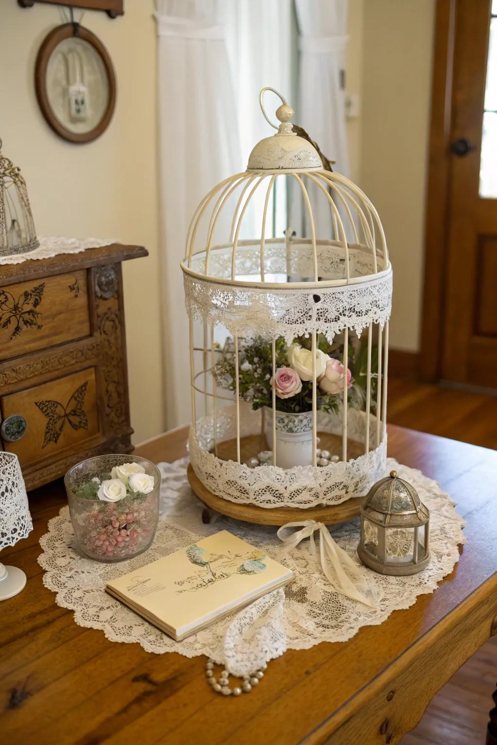 A vintage-inspired bird sanctuary centerpiece featuring enchanting embellishments.