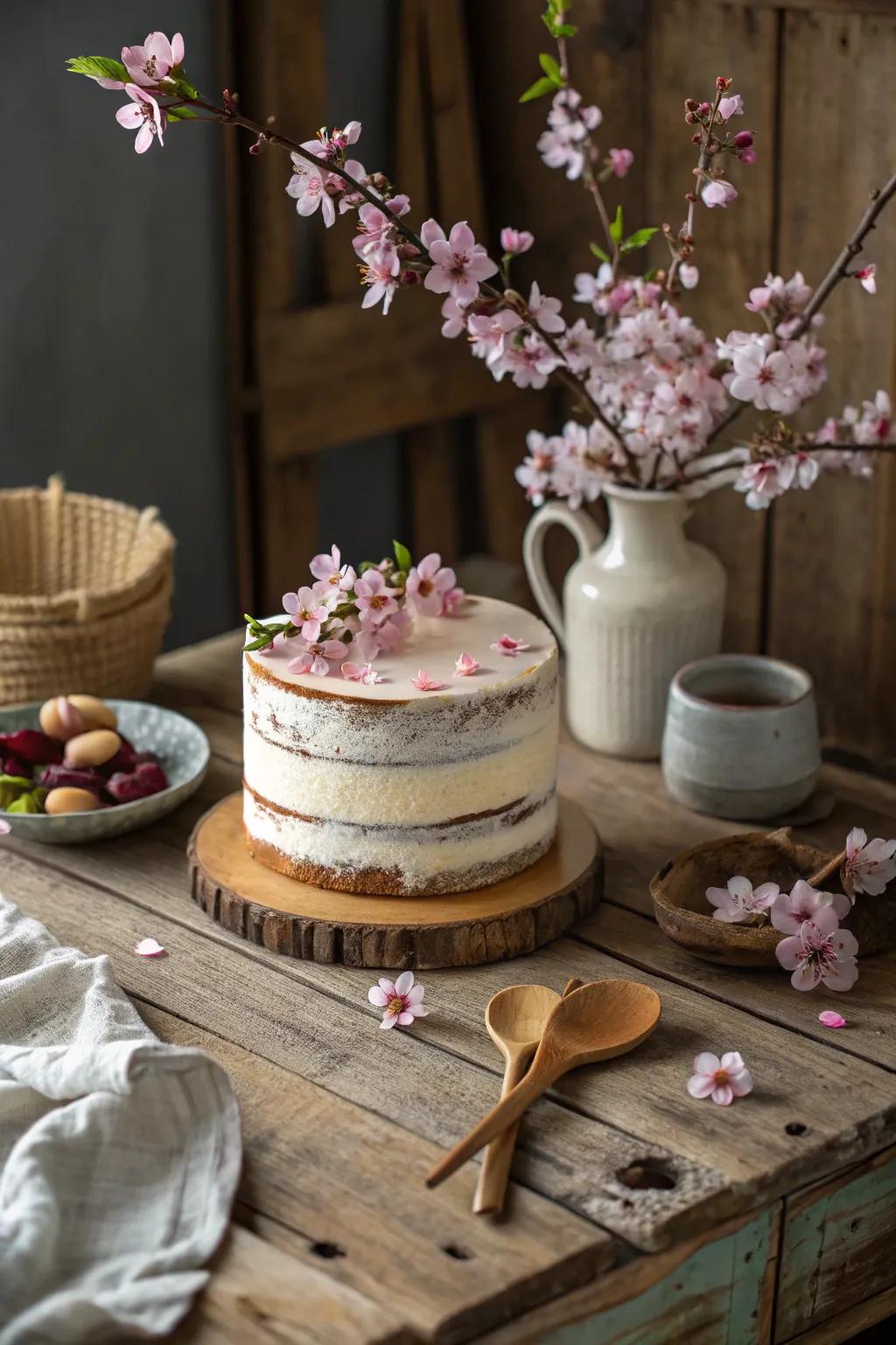 Homespun charm converges with elegance in this cherry blossom cake.